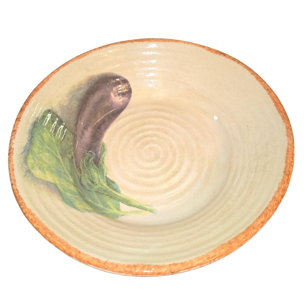 Williams Sonoma Jardin Potager 10" Pasta Bowl Italy Tan Eggplant Ribbed Ceramic - Picture 4 of 10
